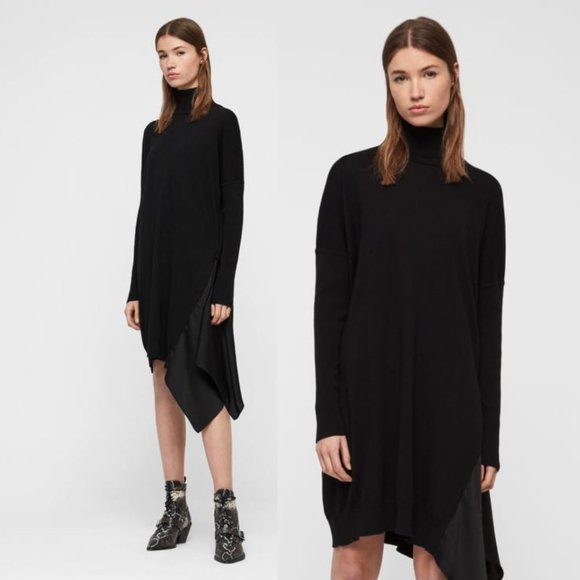 All Saints Alda Sweater Dress in Black Small Roll Neck Asymmetrical On Side - Picture 1 of 11